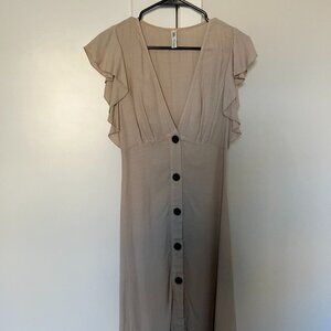 Zara Cream Flutter Sleeve Maxi Dress — Button‑Front, Plunging V‑Neck, Size XS